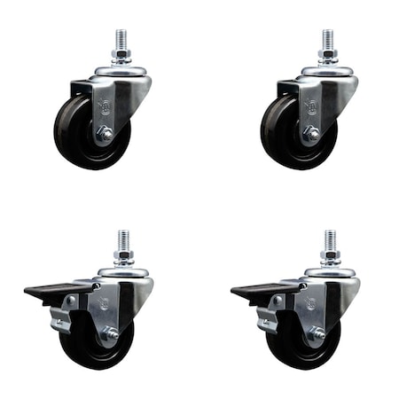 Service Caster 3 Inch Phenolic 12 Inch Threaded Stem Caster Set 2 Brakes SCC SCC-TS20S314-PHS-121315-2-PLB-2